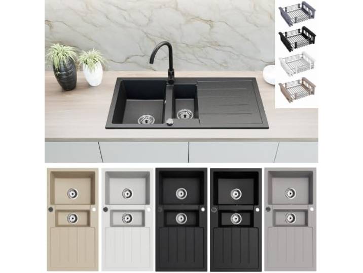 Faizee Home Granitspüle 100x50 cm Schwarz – Beidseitig montierbar & kratzfest Inkl. Armatur, Spülkorb & Siphon-Set Hochwertige Küchenspüle aus Granit für modernes Küchendesign