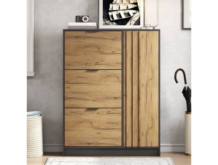 Meuble chaussures MDF 100x30x130cm 3 abattants 1 porte rangement 12 paires entrée bois naturel noir