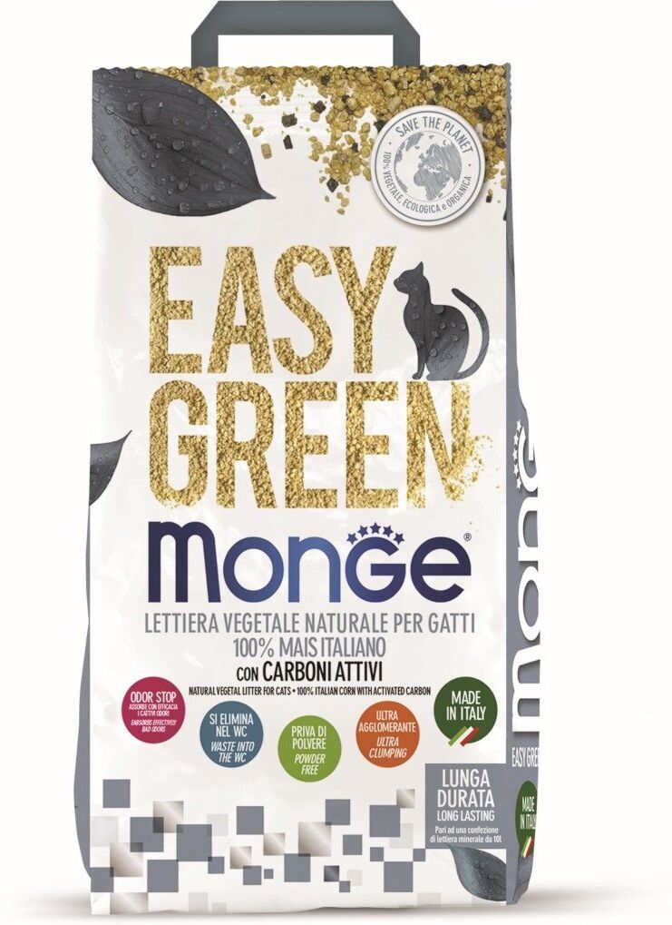 10 litri 3,8 kg Monge Easy Green Lettiera Vegetale Naturale per Gatti 100% Mais Italiano con Carboni Attivi