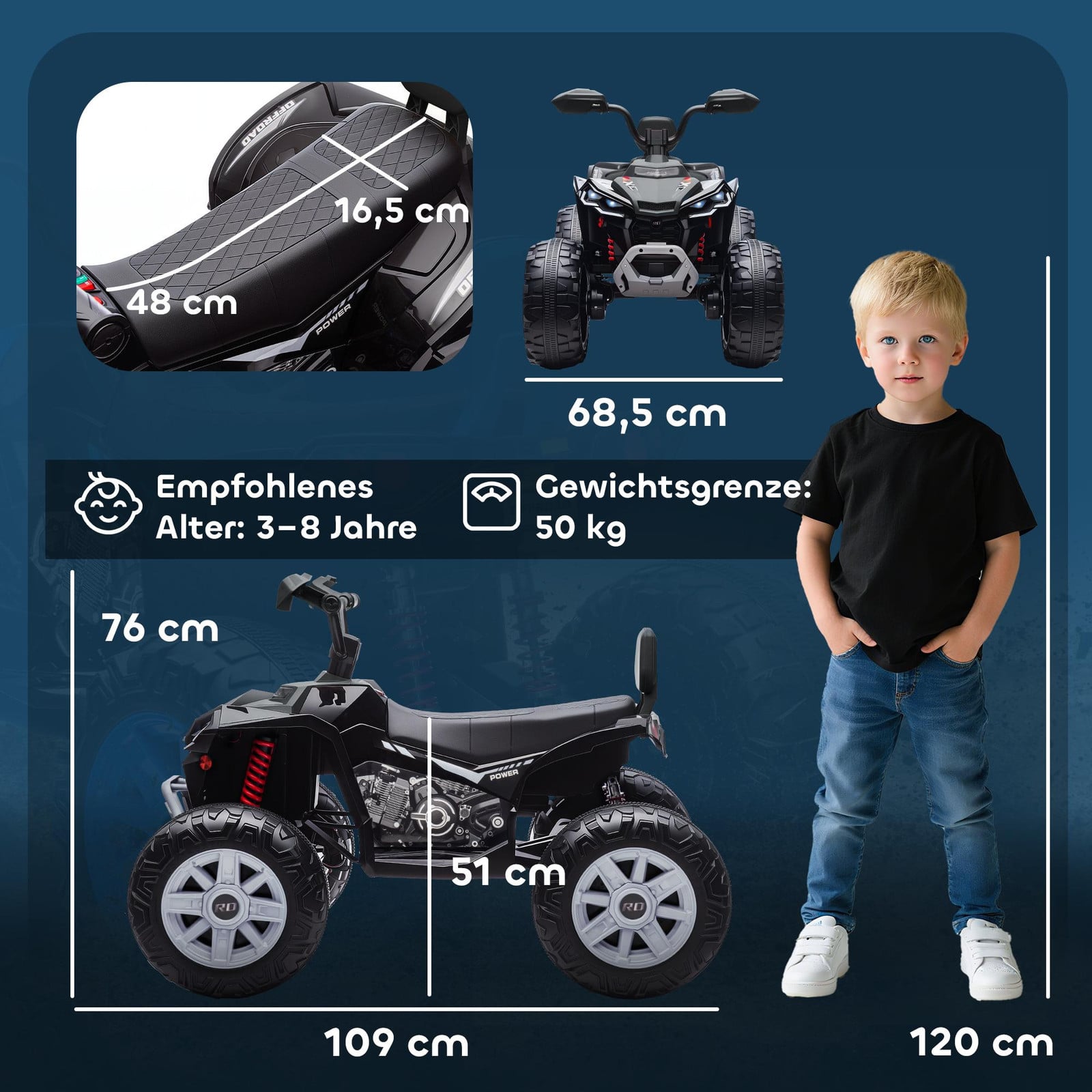 AIYAPLAY Elektrische Quad voor kinderen met 2 motoren en 2 zitplaatsen, zwart