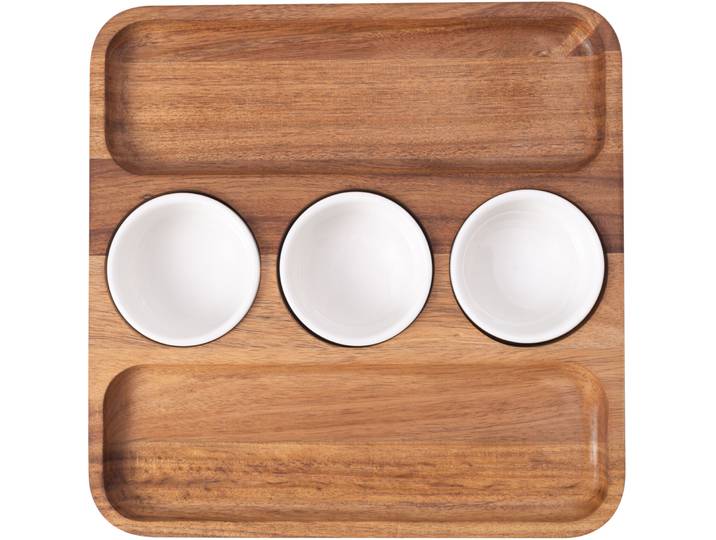 Apéroset 4-teilig braun weiss - Farbe: braun / weiss - Material: Akazienholz / Keramik