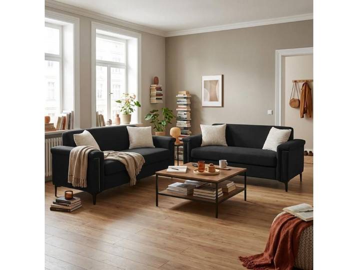 Ensemble de 2 canapés fixes 2 places 172 cm en tissu noir avec pieds en métal style scandinave
