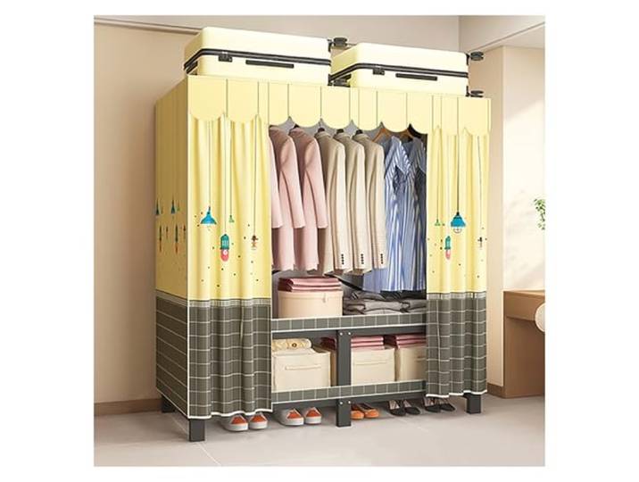 MmcdylyhEU Tragbarer, Faltbarer Kleiderschrank mit Abdeckung, Kleiderständer aus Metall for die Aufbewahrung von Kleidung, freistehender Mantel-Organizer for Schlafzimmer(Yellow1,200cm/78.7inch)