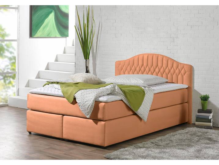 Boxspringbett, Mikrovelours, Orange (Terra), 140×200 cm, 7-Zonen-Kaltschaummatratze, H3, Maintal