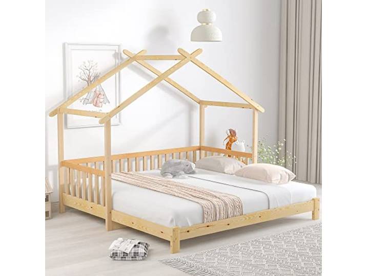 Merax Kinderbett, Erweiterbares Baumhausbett, Hausbett, Tagesbett, Einzel- und Doppelbett, reines Massivholz, Natur (200x90cm)