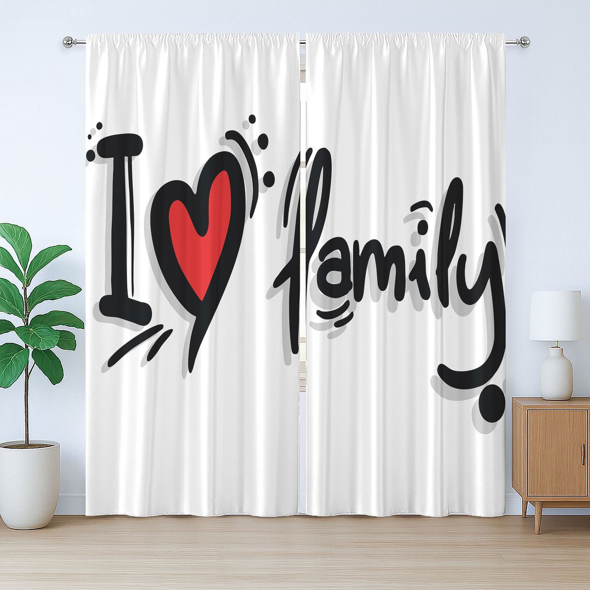 ABAKUHAUS Rustiek Familiegordijn I Heart Family Pictogram - Zwart Wit Rood - 280 x 260 cm