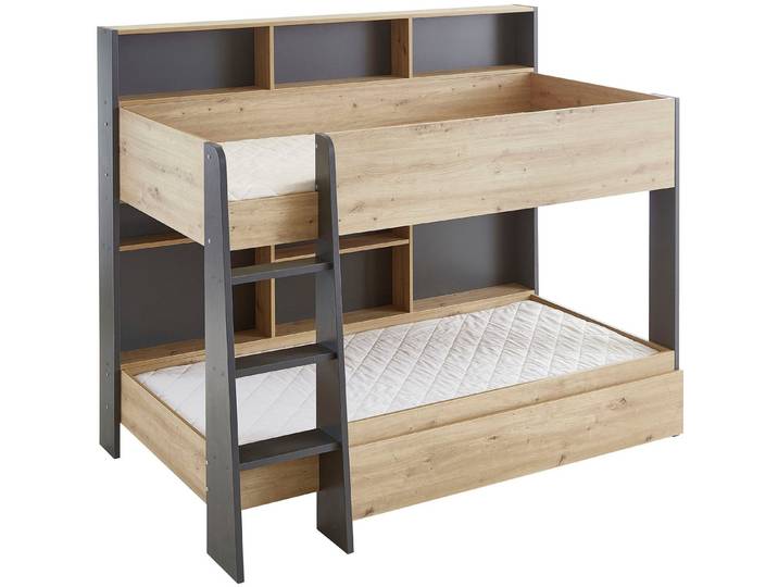 Relita Etagenbett Sely, viel Funktion auf kleinem Raum, 2 Liegeflächen, modernes Design (viele Regalfächer an der Bettrückseite, inkl. Schublade auf Rollen), viel Stauraum, pflegeleichte Melamin Oberfläche, 3 Farben zur Wahl