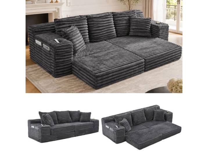 Muvoe Canapé convertible velours côtelé 3 places -Coconéa- Canapé-lit Canapé compressé - Poche de rangement - Porte-gobelet - Gris