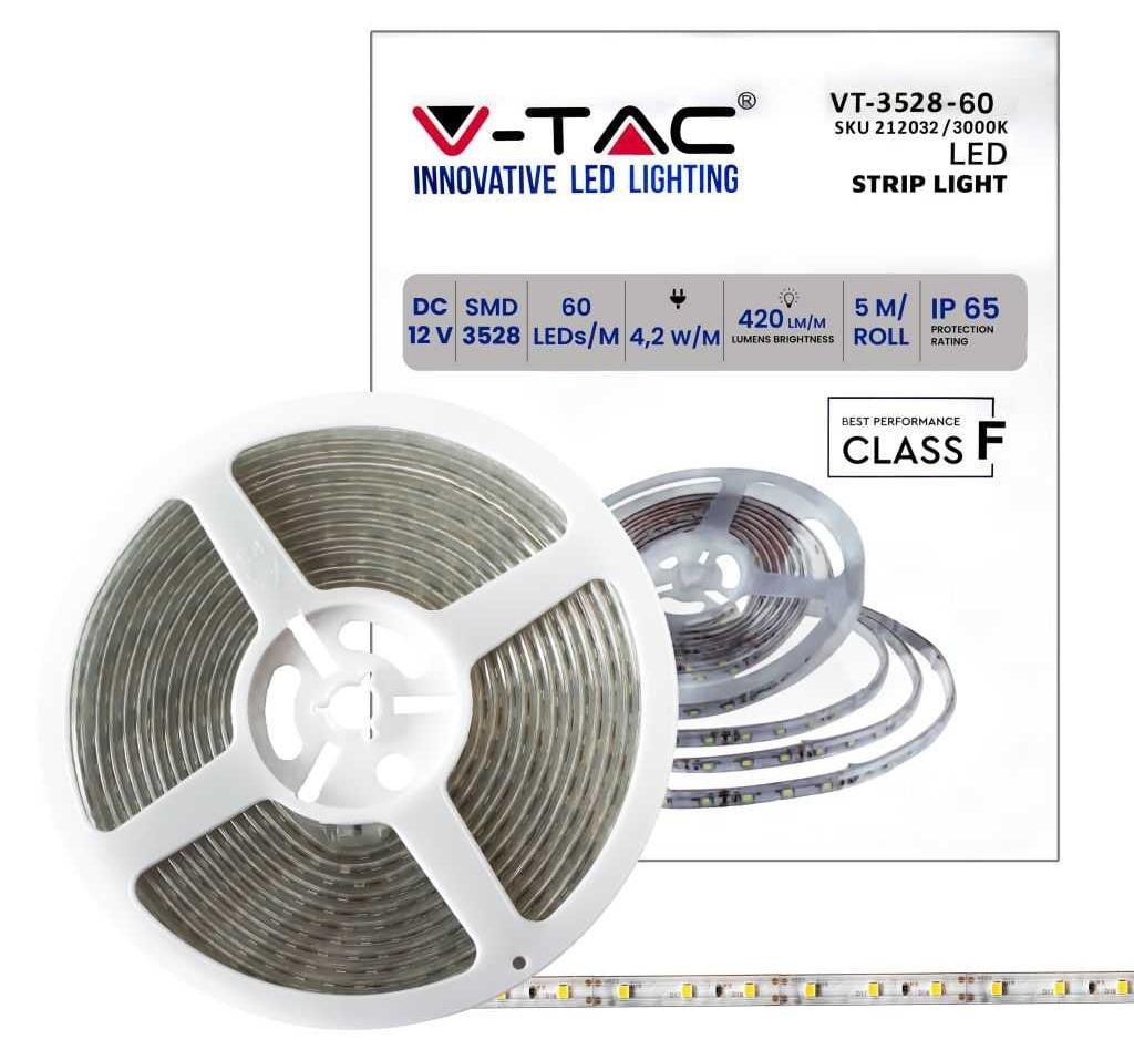 V-TAC LED-stripverlichting voor buiten, IP65 waterdicht, 5 W, 5 meter, 3000K warmwit, 12V