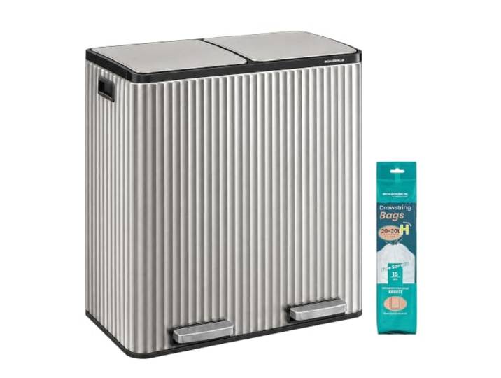 SONGMICS Mülltrennsystem, Mülleimer Küche mit Deckel, 2 x 30 L Abfallbehälter Küche, Stahl, 59,1 x 36,5 x 62,7 cm, Sanftes Schließen, Silbern, Patia Kollektion LTB360EZ01