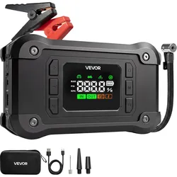 VEVOR Starthilfe Powerbank mit Luftkompressor 8000 A Spitzenleistung Schwarz für 9,0-L-Benzin- / 8,0-L-Dieselmotoren, 150 psi Reifendruck, Automatische Abschaltung, 12-V-Ladegerät und LED-Taschenlampe