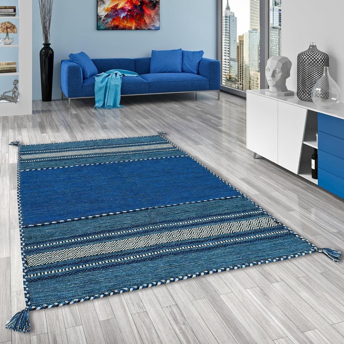 Kelim Navarro Handgeweven Katoenen Vloerkleed - Blauw - 70 x 140 cm