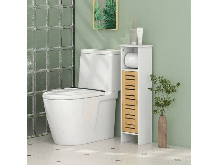 Petit meuble wc blanc et naturel colonne de rangement avec porte-rouleau et porte en bambou 21x17x78 cm