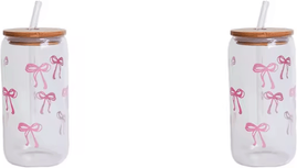 Inspire Curations Bow Glass Cup With Lid And Straw Aesthetic Cute Drinking Tumbler For Coffee & Milk 2pcs