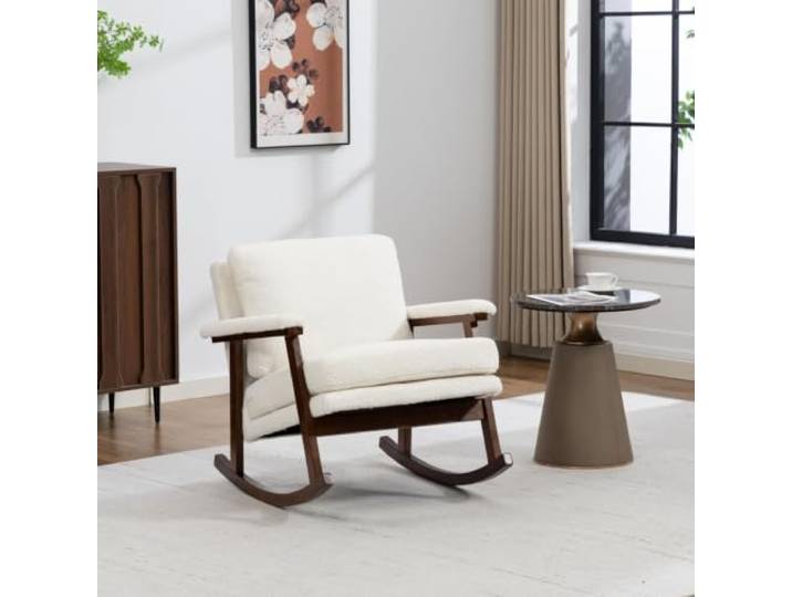LOBO OFFICE Schaukelstuhl, Mid-Century Holz Armlehnstuhl für Wohnzimmer Hochdichter Schaumstoff, integrierte Lendenstütze, einfache Montage ohne Werkzeug, ergonomische Sitzposition