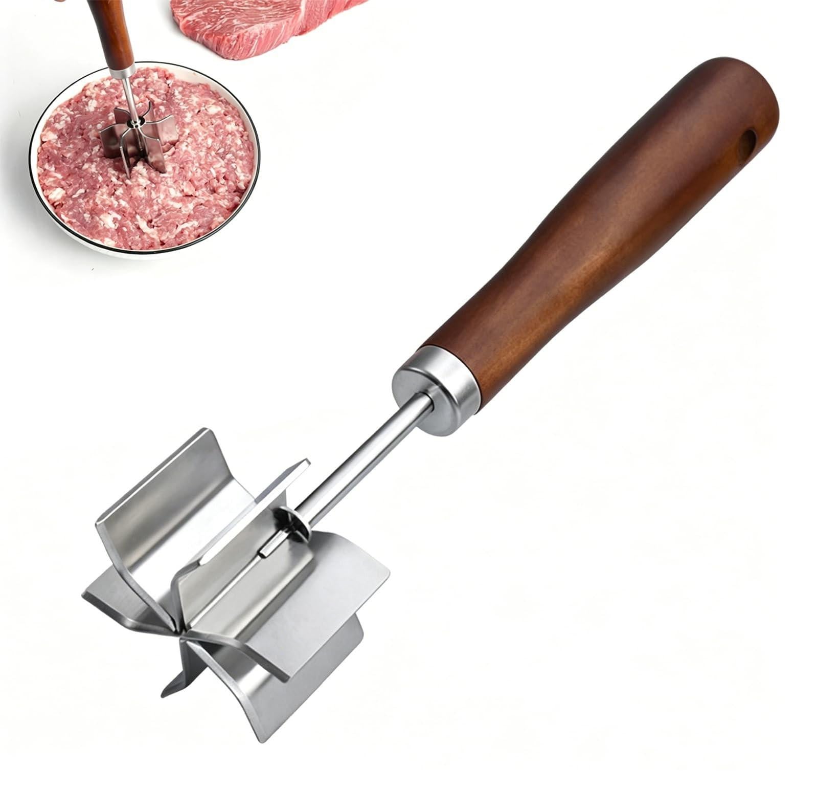 Handmatige vleesmolen en aardappelpers van roestvrij staal en hout