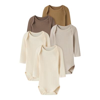 Langarmbody NAME IT "NBNBODY für Mädchen und Jungen mit Rippstruktur und Komfort", Mädchen, Gr. 68, N-Gr, bunt (coca mocha pack:w, bistre, peyote, 2x buttercream), Sweatware, Obermaterial: 100% Baumwolle, unifarben, regular fit, Rundhals, Bodys,...
