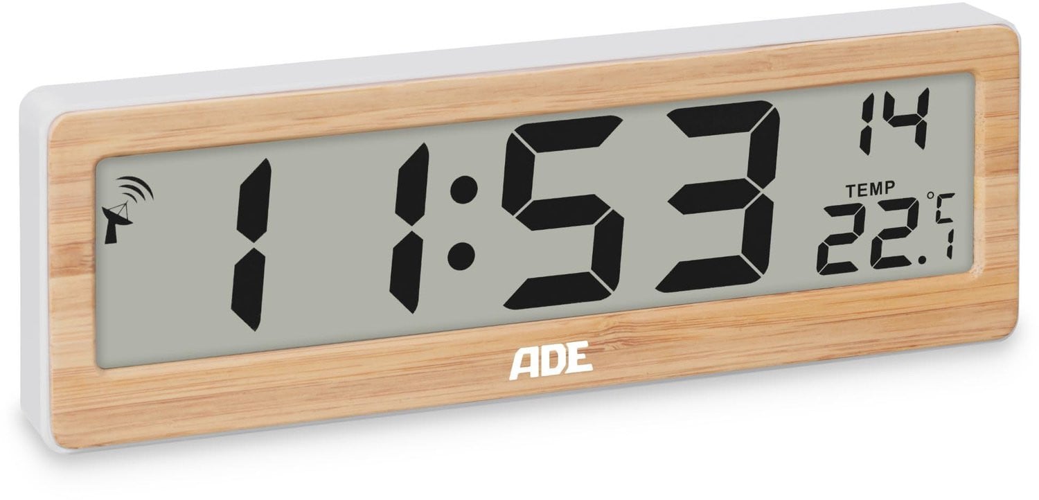 Digitale radiogestuurde woonkamerklok met temperatuurweergave en bamboe frame