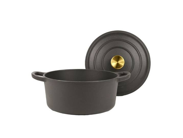 Gussbräter rund, mit Deckel schwarz-gold