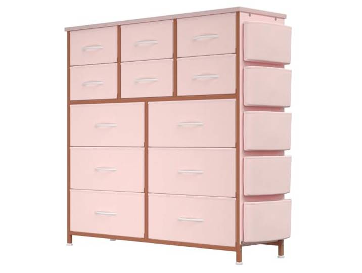 Garvee Kommode mit 12 Schubladen aus Stoff, 99 x 110 x 30 cm, Rosa Schubladenschrank mit Metallgestell & Griffen, Flur kommode mit Seitentaschen & Haken für Schlafzimmer, Wohnzimmer & Flur