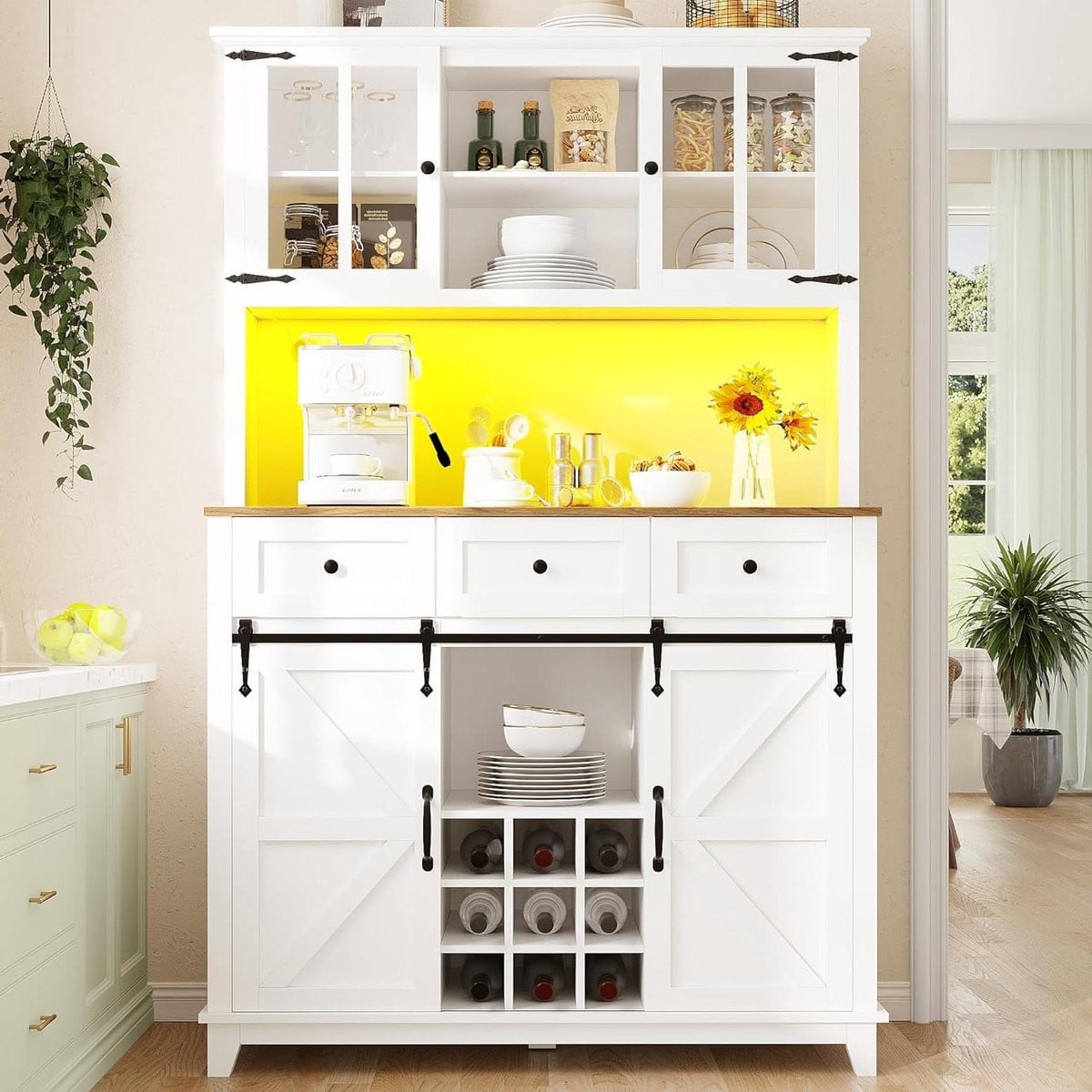 Keukenbuffet met app-bedienbare LED-verlichting en glazen deuren, H 180 x B 105 x D 38 cm