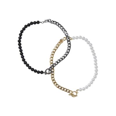 Halsreif URBAN CLASSICS "Urban Classics Unisex Half Pearl Exchangable Necklace 2-Pack", schwarz-weiß (gold, gunmetal), Halsketten, Damen, onesize, 50% Eisen, 50% Plastik