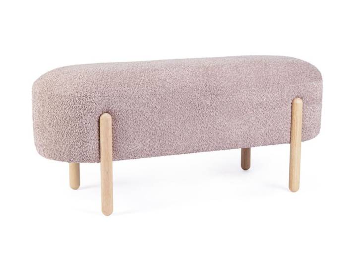 Banc en tissu bouclé rose antique, pieds en bois d'hévéa
