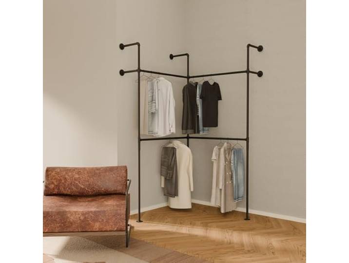 pamo Kleiderstange Wandmontage Eckkleiderschrank 360 kg Traglast Offener Kleiderschrank oder Kleiderständer industrial Gold aus Metall Wasserrohren