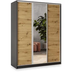SCHWEBETÜRENSCHRANK SORE 160/205/58 cm 3-türig mit Spiegel und 4 Schubladen Schwarz