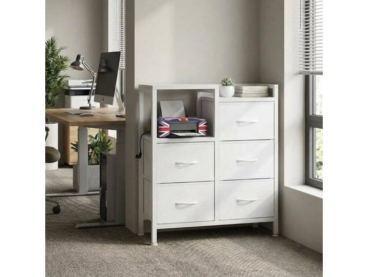 Meuble de rangement bureau - LUNSY - 5 tiroirs en tissu - Étagères ouvertes - Plateau en bois composite