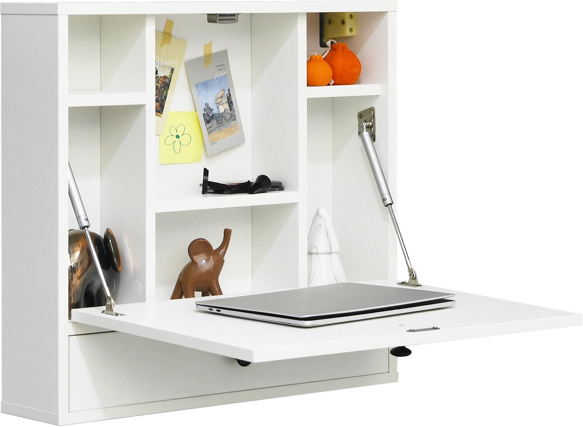 Costway Wandklaptafel met opbergvakken en lade, inklapbaar bureau voor kleine ruimtes, wit