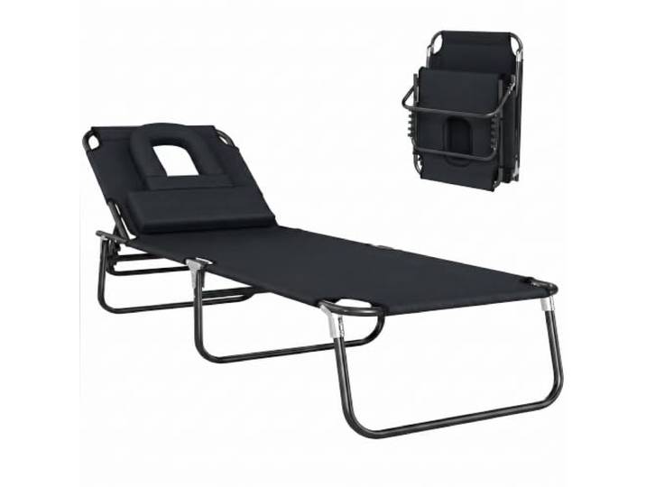 HOMCOM Transat de Jardin Chaise Longue Pliante Bain de Soleil Noir Bain de Soleil