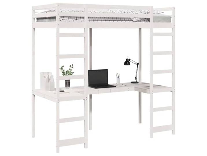 KTHLBRH Hochbett, weiß, Kiefer, massiv, 90 x 200 cm Mit integriertem Schreibtisch, Schutzseiten, Leiter inklusive, für Schlafzimmer