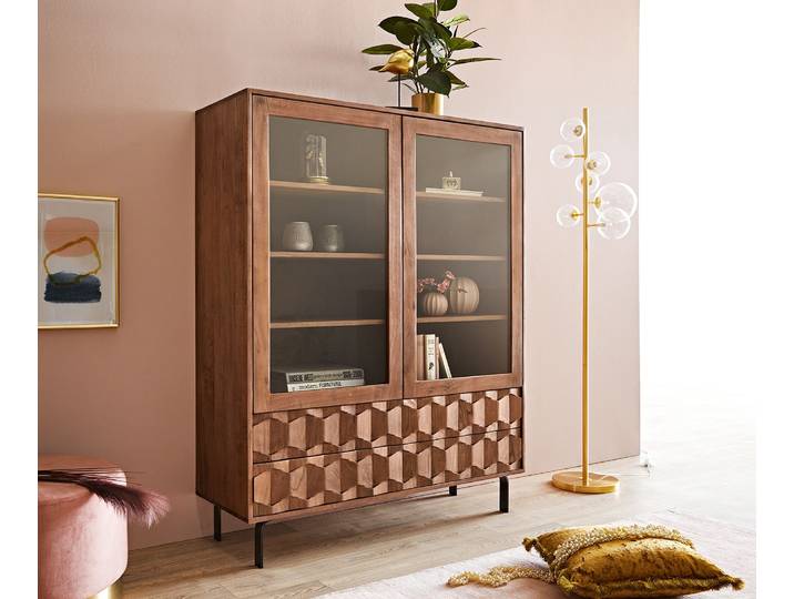 Vitrine Fevo 115x150 cm Akazie Braun L-Fuß, Vitrinen