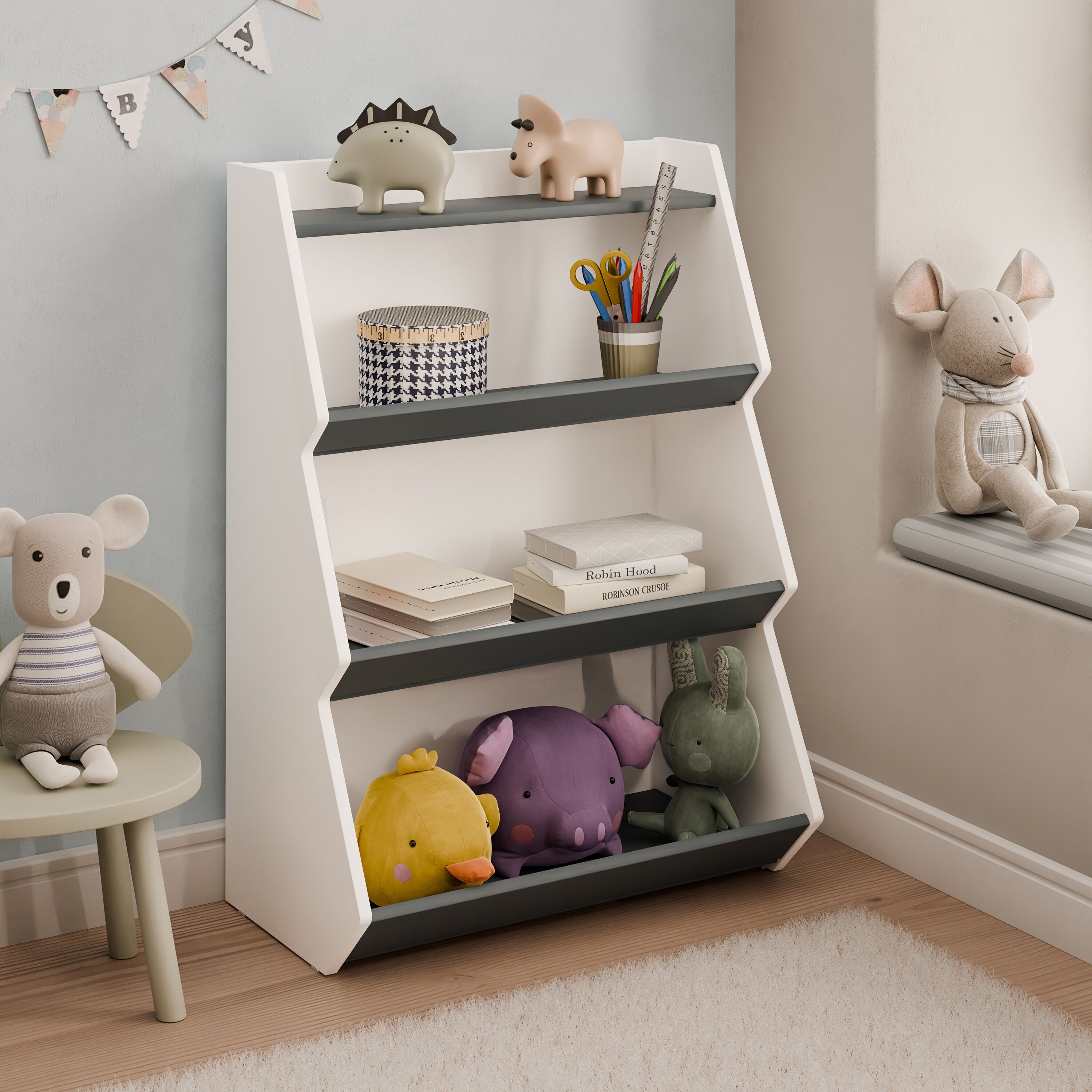Standregal VCM "Holz Kinderregal Bücherregal Kinder Regal Italu", grau (weiß, anthrazit), Regale, Standregal