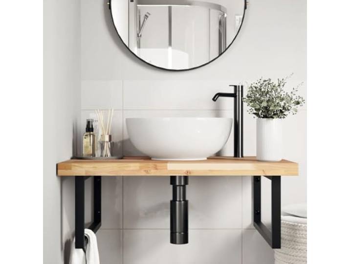 KTHLBRH Wandregal für Waschbecken aus Akazienholz 80 x 60 cm Badezimmer-Organizer, rechteckige Halterung, Schwarz, Kapazität 100 kg, Wandmontage