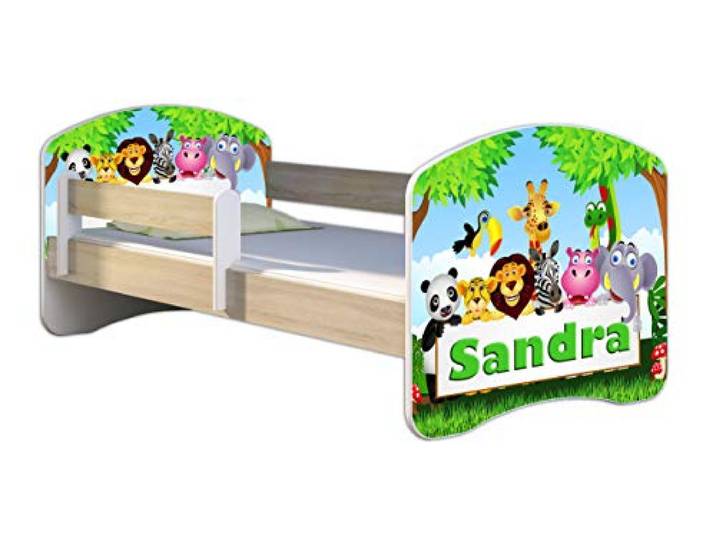 ACMA Kinderbett 160x80 Jugendbett mit Matratze, Farbe Sonoma mit Rausfallschutz Lattenrost II Spielbett Kinderzimmer Möbel, 01 Zoo Name