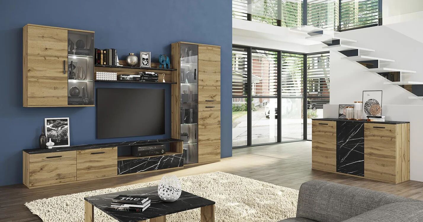 garneroarredamenti Credenza 138x76h cm 3 ante moderna rovere nero effetto marmo Rabat