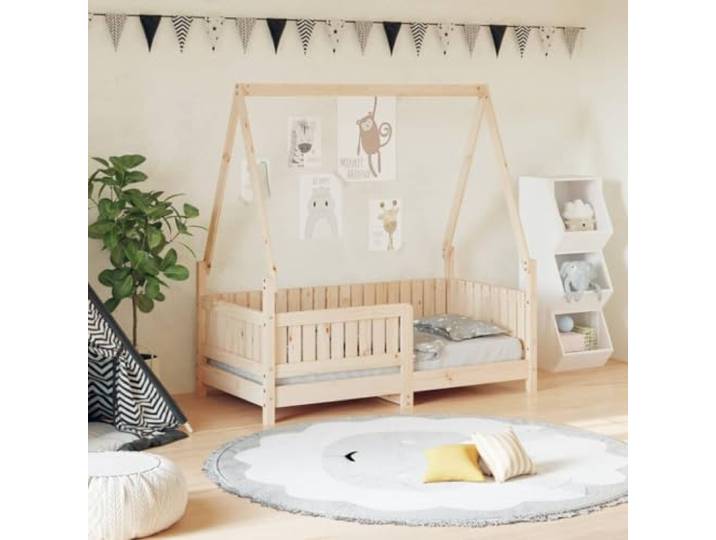 LPERTGFHU Kinderbett Massivholz Kiefer 70x140 cm Hausbett Kleinkinderbett Rustikaler Look, Stabil durch Holzlatten, Niedrige Einstiegshöhe