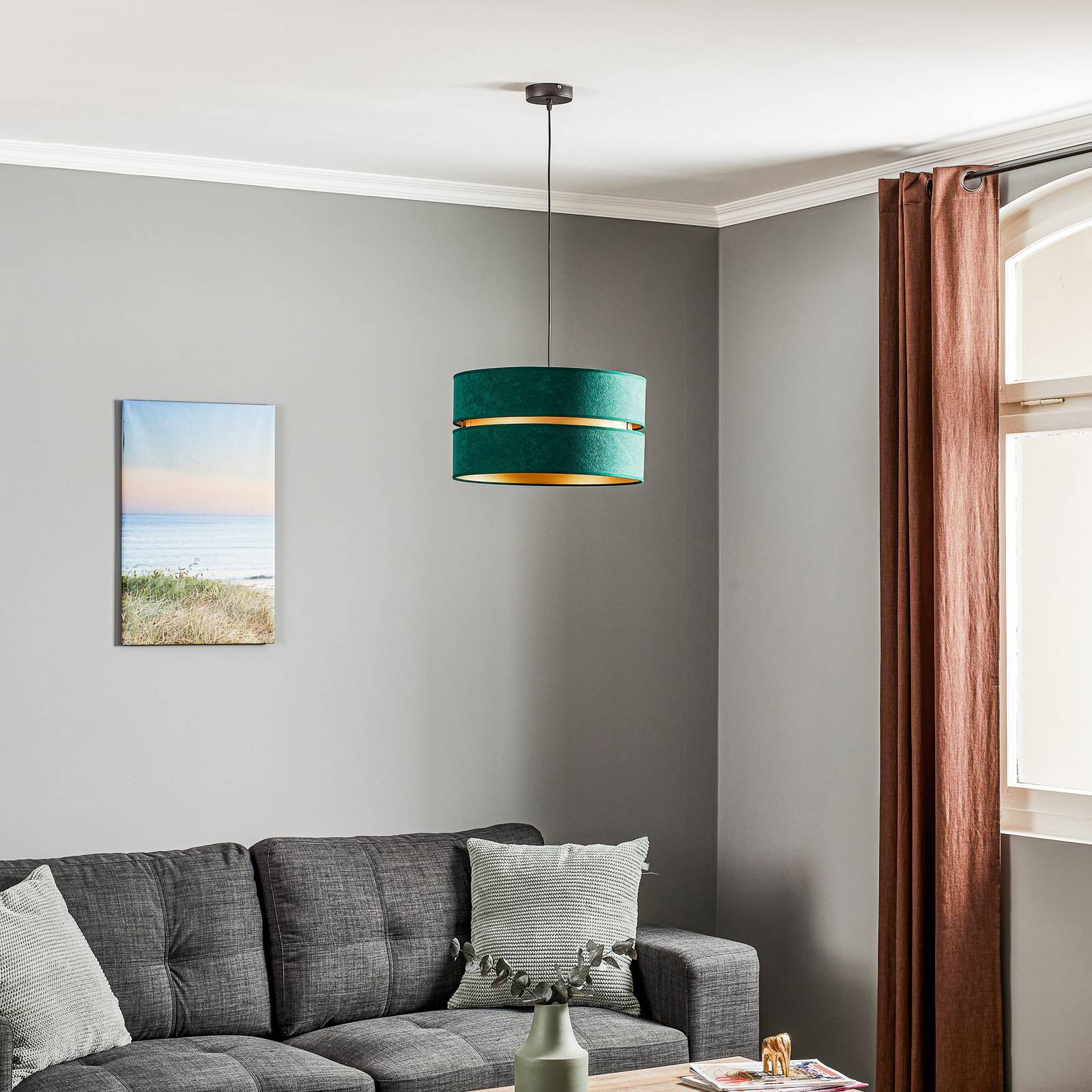 Hängelampe Duo Duolla, dimmbar, grün, für Wohn- / Esszimmer, Textil / Stoff / Seide, Modern, Pendelleuchte