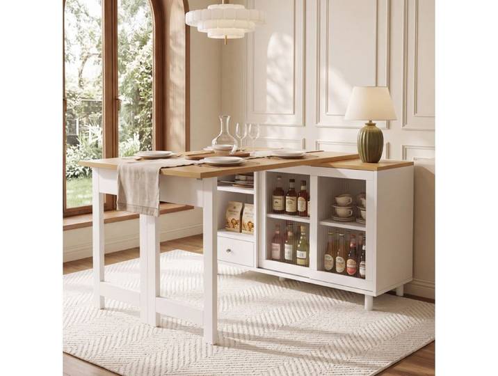 ULEVR Table à manger extensible et pliante avec rangements MDF blanc et bois naturel verre dépoli