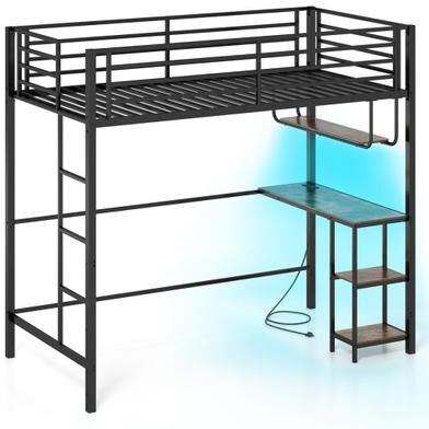 Costway Twin Loft Bed with Desk LED Lights Charging Station Heavy-duty Metal Bed Frame with Guardrail-Black