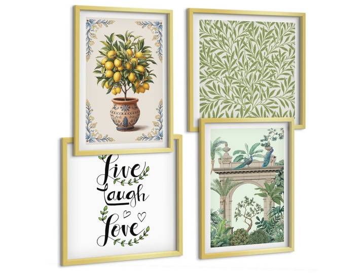 BILDER SET 4er Set - 50x50 cm & 40x60 cm Goldrahmen - Grüne Blätter exotischer Pflanzen