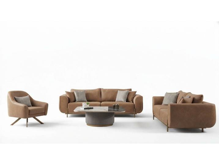 Xlmoebel Polstergarnitur Beige-goldenes Wohnzimmerset mit Edelstahl-Akzenten, (Wohnzimmerset, 4tlg. Wohnzimmer Set(2xSofa 3 sitzer+Sessel+Couchtisch), Hergestellt in Europa