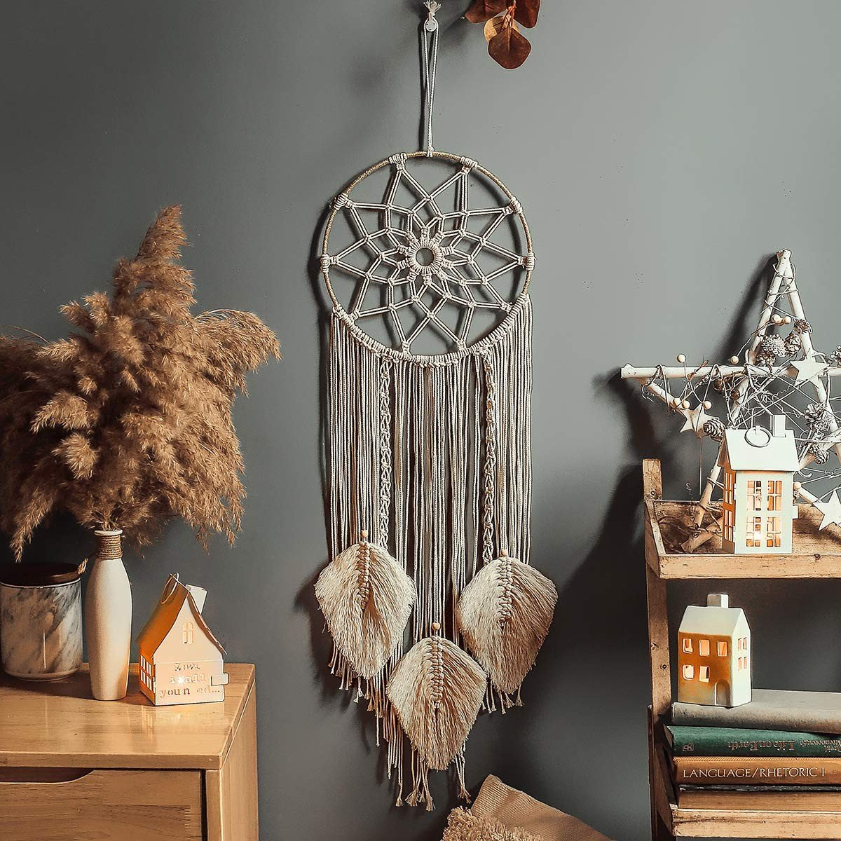 Allecto Boho dromenvanger - Handgemaakt macramé wandbehang - Wit