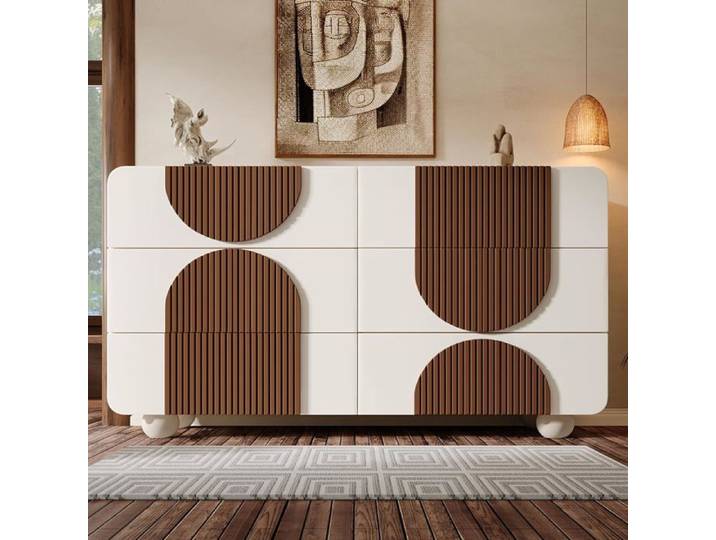 Commode avec 6 tiroirs buffet en bois blanc buffet de salon avec bords arrondis pour chambre à coucher salle à manger 121x71x41cm