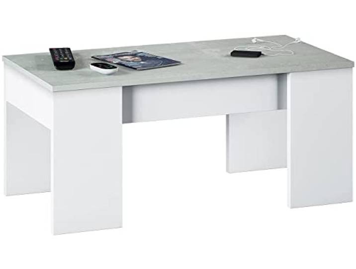 Dmora - Couchtisch Oceanside, Couchtisch mit hochklappbarer Platte, niedriger Wohnzimmertisch, 100x50h45/56 cm, Weiß und Beton