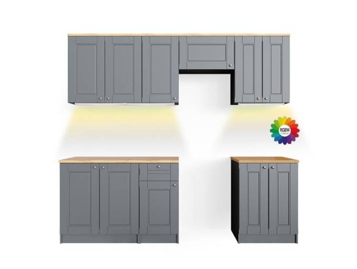 Vicco Küchenzeile Bergamo, Edelgrau, 240 cm AP Goldkraft mit LED-Leisten, mit variabel positionierbaren Modulen zur individuellen Anpassung