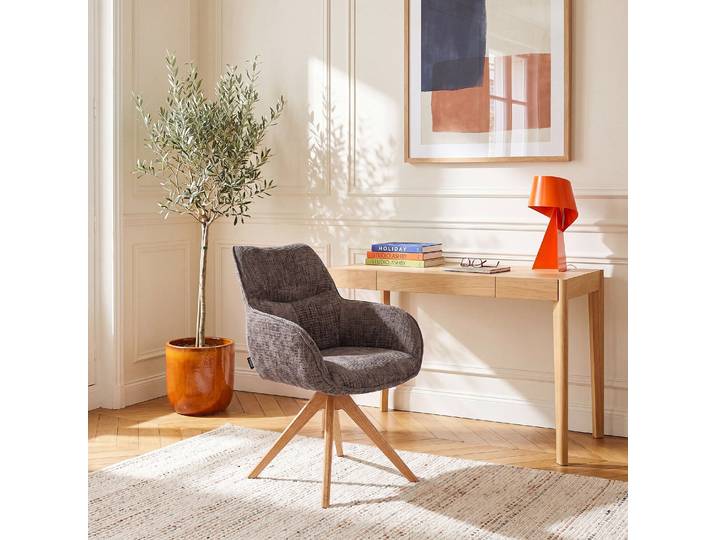 HABITAT - Chaise de bureau pivotante en tissu chenille et chêne massif avec accoudoirs - Taupe - Arzana