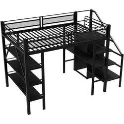 OKWISH Modulares Hochbett 140x200 cm mit Schreibtisch, Stauraum, Kleiderschrank, Sicherheitsleiter, Ablagefächer, robustes Metall, modernes Design, Schwarz